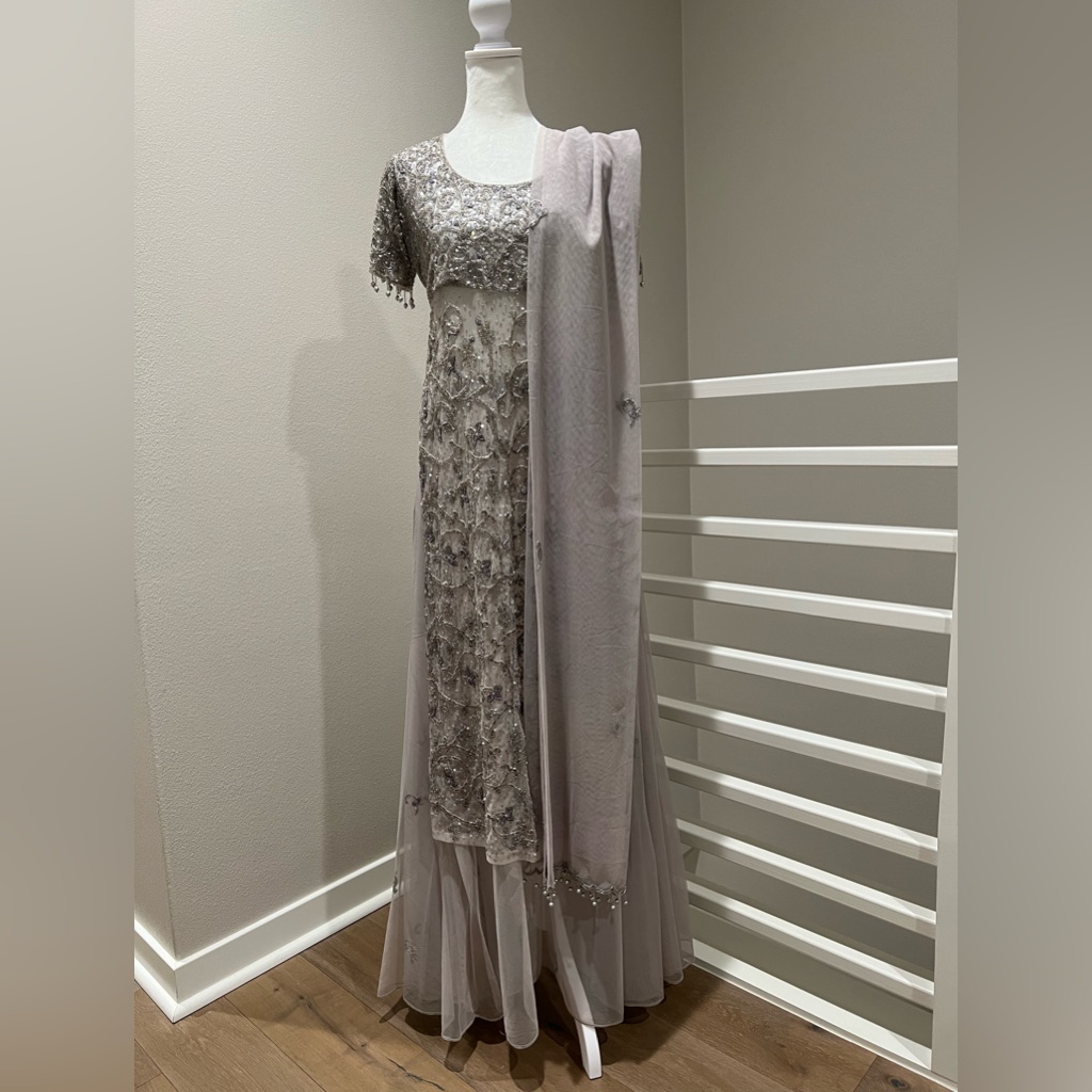 Lehenga - Silver/Gray, Sequence & Bead Work, Sheer Skirt, Solid Satin Pants, Xs